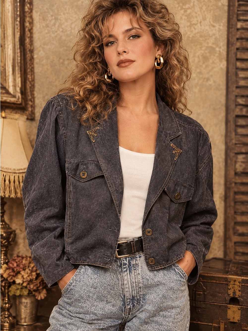 Vintage Western 1990 Women's Washed Black Cropped Jacket L/XL